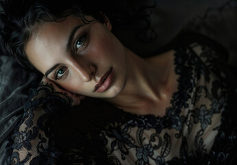 Moody Portrait of a Woman Lying on a Bed with Intense Gaze