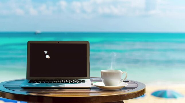 A cup of coffee and an open laptop placed on a table by the beach, with gentle waves and soft sand in the background, creating a per Seamless looping 4k time-lapse virtual video animation Generated AI