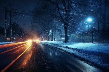 A snowy night with a street lamp illuminating the road and a fence in the background.