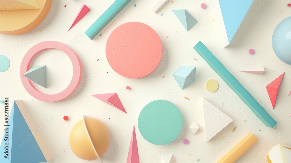 Poster a white background with a variety of colorful geometric shapes scattered across the surface, includi