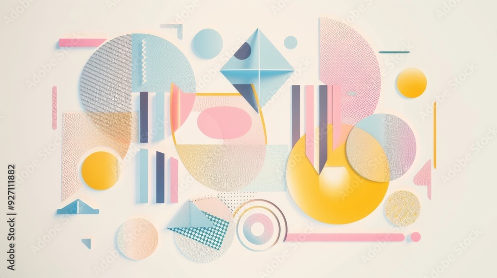 Poster A white background is covered with overlapping geometric shapes in pastel colors, creating a vibrant and dynamic abstract design. The shapes are primarily circles and rectangles, with a few triangles 