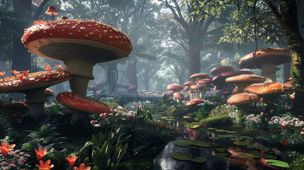 a fantastical forest with giant, colorful mushrooms and flowers.