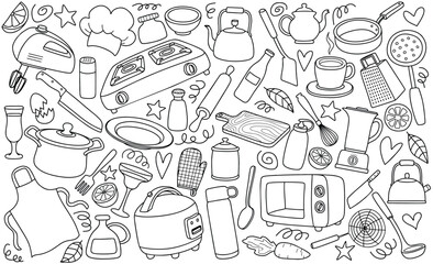 doodle kitchen utensil outline set in white background. doodle kitchen set.