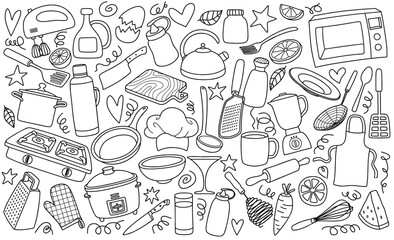 doodle kitchen utensil outline set in white background. doodle kitchen set.