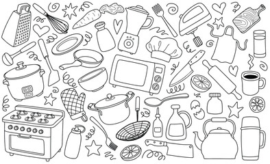 doodle kitchen utensil outline set in white background. doodle kitchen set.
