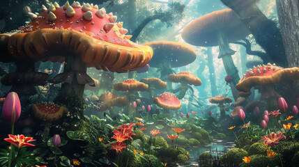 a fantastical forest with giant, colorful mushrooms and flowers.