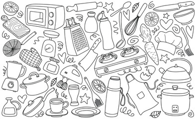Hand drawn kitchen utensil doodle set.