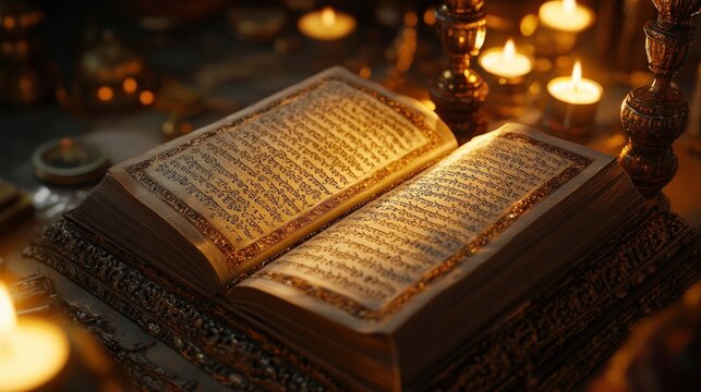 The sacred text of the Guru Granth Sahib rests open, gently illuminated by flickering candlelight, creating a peaceful atmosphere of reflection