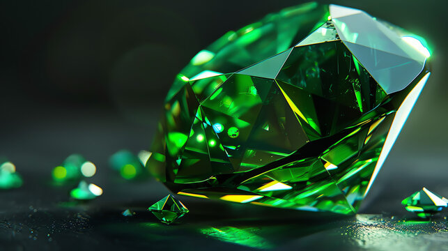  a green gemstone, possibly an emerald, with some smaller ones around.