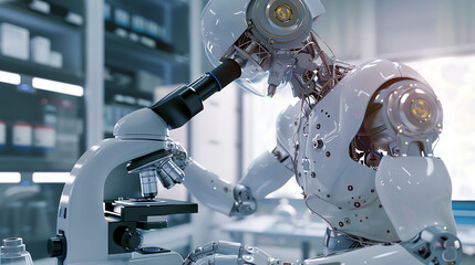 Fototapeta premium white robot is using a microscope in a lab, with a bottle of liquid next to it.
