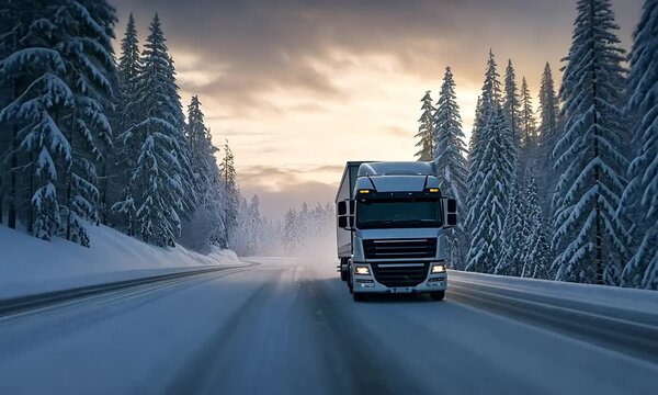 Semi-truck driving on icy winter road at dawn with ai generated.
