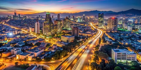 Fototapeta premium Detailed image of Mexico at night showcasing city lights, highways, and unique landmarks, Mexico, night, city lights