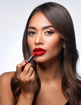 Retrato de unna hermosa mujer pint&aacute;ndose los labios; modelaje en estudio