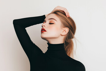 A fashion portrait of a woman with flawless makeup, posed with a hand on her head against a white background. The minimalism highlights elegance and beauty, with space for copy.