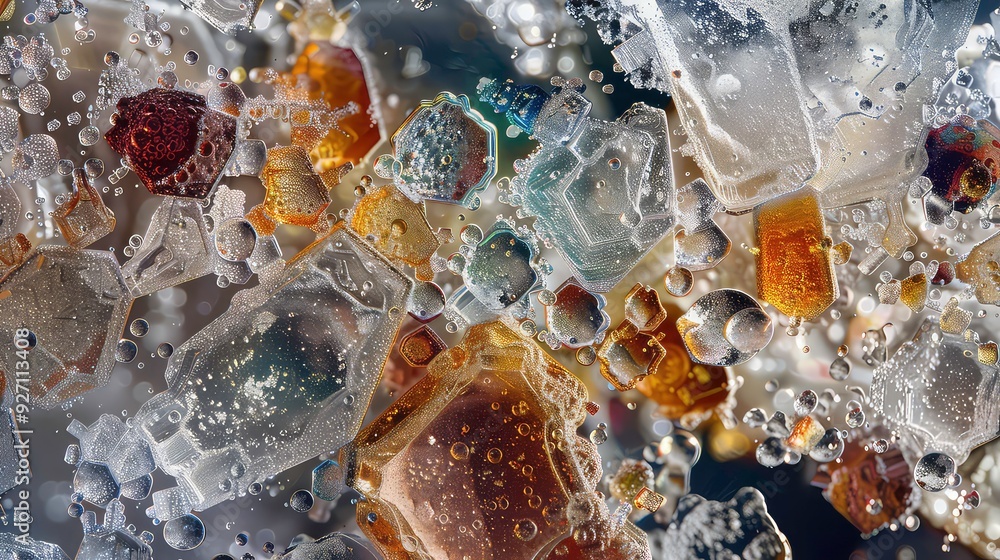 Aufkleber a close-up image of a colorful, abstract pattern formed by oil droplets suspended in water. the drop