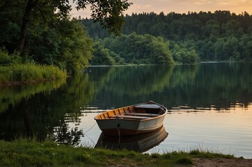 Obraz premium Boat by the lake on a summer evening
