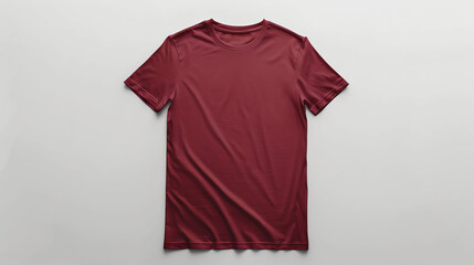 It's a maroon t-shirt with short sleeves, laid flat on a white surface.

