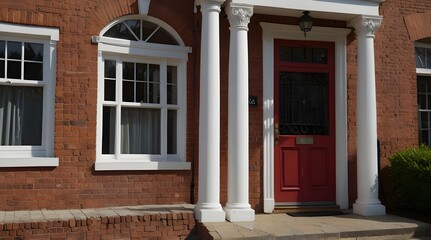 Fototapeta premium Closeup shot of a row of red brick houses with white columns in the entrance façade . generative.ai