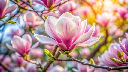 Obraz premium Closeup of a beautiful magnolia flower in bloom on a branch, magnolia, flower, bloom, closeup, branch, nature, white, petals