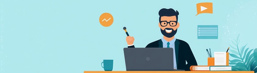 Illustration of a man working at a desk with a laptop, surrounded by office supplies. He is smiling and holding a pen.