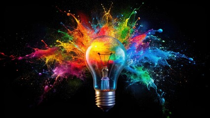 Colorful paint splashing from exploding light bulb on black background, creativity, idea, innovation, imagination, art