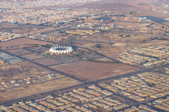King Fahd International Football Stadium in Saudi Arabia, training grounds and recreational activities, practicing football, aerial photo of Al Khaimah Stadium in Riyadh