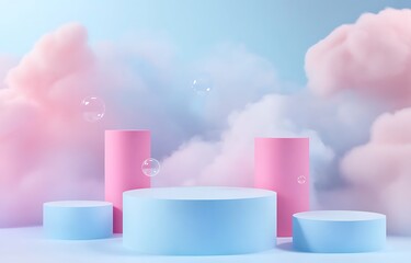 Pastel colored pedestal with a light blue background and pink clouds.