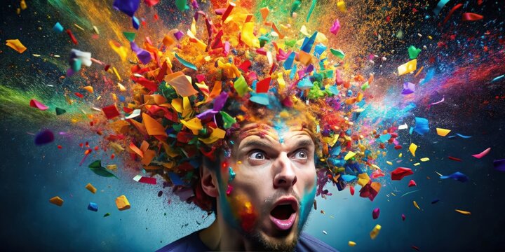 A close-up photo of a person's head exploding in a burst of colorful debris, explode, burst, head, explosion