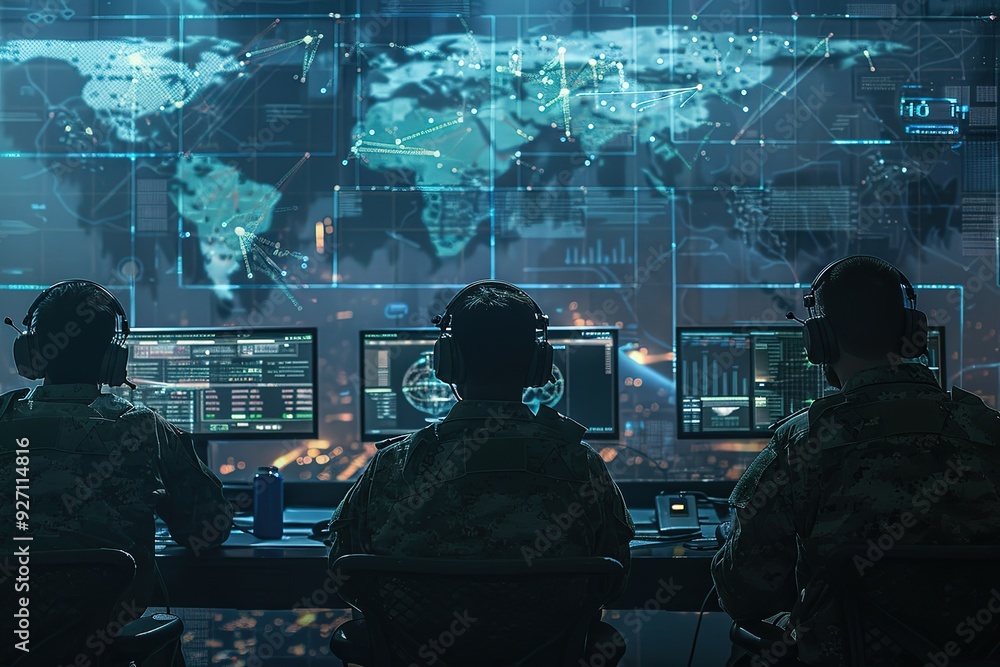 Poster three men in military uniforms are sitting in front of computer monitors