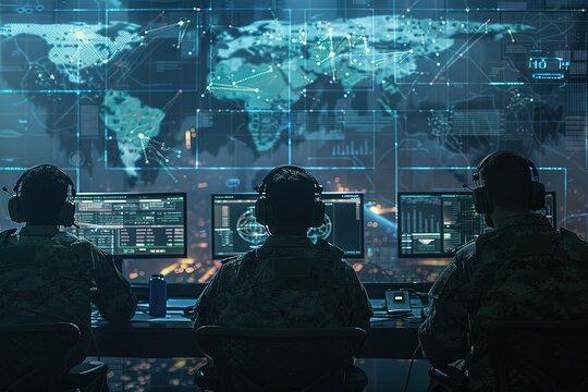 Three men in military uniforms are sitting in front of computer monitors