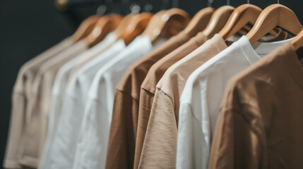 Several light beige and white t-shirts hang on wooden hangers.

