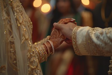 A bride and groom are holding hands in a wedding ceremony