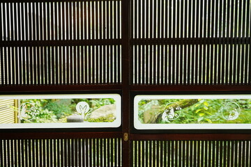 Japanese Garden view outside of Window from Japanese Traditional House -...
