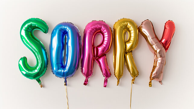 Multi-colored foil balloons "sorry" on a white background