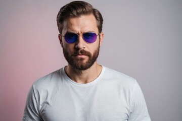 Fototapeta premium Neon studio portrait of serious man model with mustaches and beard in sunglasses and white t-shirt