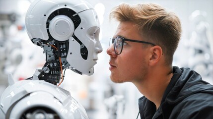 Obraz premium A man with glasses looks at a humanoid robot in a factory setting