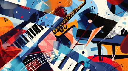 This image shows a saxophone, a piano, and some abstract shapes in colorful patterns.

