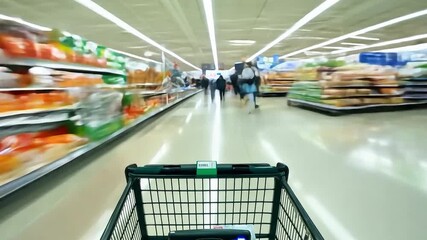 Shopping cart moving through supermarket aisles with busy shoppers - Powered by Adobe