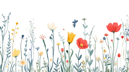 A charming collection of wildflowers in various colors gently sways in the breeze, accompanied by butterflies and bees, creating a delicate and whimsical scene.