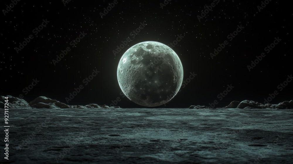 Wall mural a large, cratered moon hangs low in the night sky over a desolate, rocky landscape.