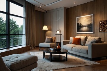 Fototapeta premium Interior of living room with cozy grey sofa, armchair and glowing lamps
