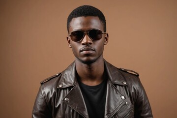 Obraz premium Portrait of African young man in stylish leather jacket and sunglasses posing on brown background
