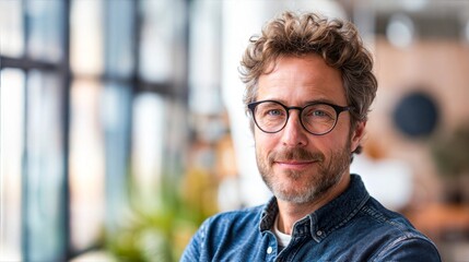 Fototapeta premium A close-up portrait of a man with curly hair wearing glasses and a blue shirt
