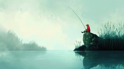 Minimalist illustration of a serene lake scenery with a man sitting on a rock and fishing with enough space for text, image or advertisement. Fishing wallpaper.