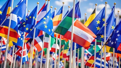 Close up of various European flags representing unity and diversity, Europe, flags, diversity, unity, EU