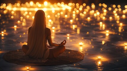 A Sikh woman meditates peacefully, surrounded by flickering candles in a tranquil Gurudwara atmosphere during the evening