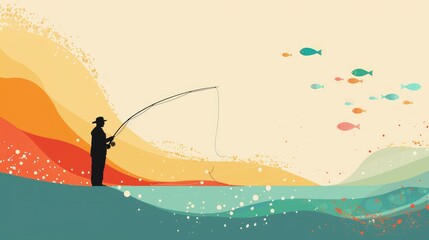Silhouette of a man fishing on a minimalist background with colorful waves and fishes in soft colors with copyspace for text. Modern& bohemian fishing banner.