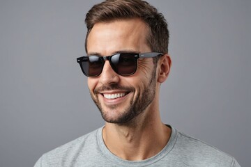 Fototapeta premium Smiling man in sunglasses posing in studio and looking away over gray background