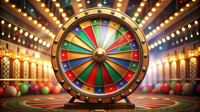 of a wheel of fortune in a casino setting with symbols of luck , wheel, fortune, lottery, luck,casino, gambling, roulette, win