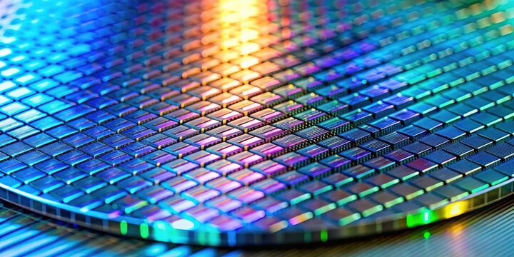 Macro shot of silicon wafer in semiconductor production at advanced foundry, silicon wafer, microchips